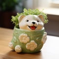 Delicate Green Ceramic Dog In Oshare Kei Style With Green Plants
