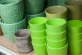 Green ceramics pots collection in store Royalty Free Stock Photo