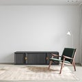 Green chair and chest of drawers with book on wooden floor, white wall, 3d render Royalty Free Stock Photo