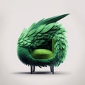 A green chair with a feathered wing design on it.