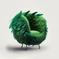 A green chair with a feathered wing design on it.