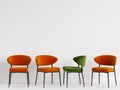 A green chair among orange chairs on white backgrond