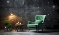 A Green Chair And A Table With Candles, Living room with green armchair on empty dark concrete