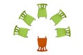 Green chairs stand on a white background in a semicircle, one orange chair, top view background, isolated