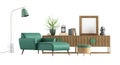 Green chaise lounge and vintage sideboard on white