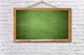 green chalk board on white brick wall Royalty Free Stock Photo