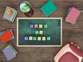 Green chalk board with wooden alphabet blocks arranged into Back to School text Royalty Free Stock Photo