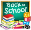 Green Chalkboard with Back to School Text and School Items Royalty Free Stock Photo