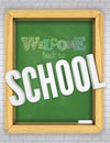 Green chalkboard on a brick wall welcomes children to school with bright lively color chalk letters as a banner poster