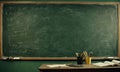 A green chalkboard with writing on it sits in front of a desk with books and pencils on it. Royalty Free Stock Photo