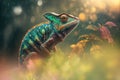 Green Chameleon on a Branch of Rain Forest. AI generated Illustration Royalty Free Stock Photo