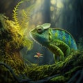 Green Chameleon on a Branch of Rain Forest. AI generated Illustration Royalty Free Stock Photo