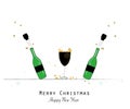 Green champagne bottle and glasses. Happy new year and merry christmas greeting card Royalty Free Stock Photo