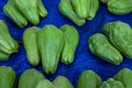 Green chayote pile. Ripe vegetable on market. Tropical vegetable for soup or side dish. Green vegetable gourt