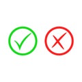 Green check mark icon. Red cross mark. Vector checkmark button. Tick symbol