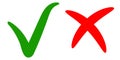 Green check mark, ok sign approval, right choice, red cross sign reject, vector tick and cross hand drawn calligraphic brush
