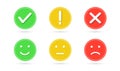 Green check mark and red cross button. Exclamation mark. Face smile icon positive, neutral and negative. Vector illustration