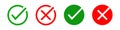 Green check mark, red cross mark icon. Positive and negative choice symbol. Sign app button vector