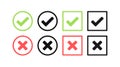 Green check mark and red cross icon set. Circle and square. Tick symbol in green color, vector illustration Royalty Free Stock Photo