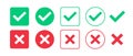 Green check mark and red cross mark icon set. Isolated tick symbols. Checklist signs. Approval badge. Flat and modern checkmark