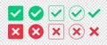 Green check mark and red cross mark icon set. Isolated tick symbols. Checklist signs. Approval badge. Flat and modern checkmark