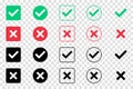 Green check mark and red cross mark icon set. Isolated tick symbols. Checklist signs. Approval badge. Flat and modern checkmark