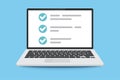 Green check marks laptop notifications in modern style on red background. Check list button icon. Green tick, check list icon. Che