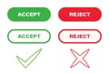 Green check and red cross icon sign isolated on plain white square background. Agree or disagree, right or wrong, yes or no sign.