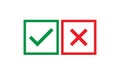 Green check and red cross icon sign isolated on plain white square background. Agree or disagree, right or wrong, yes or no sign.