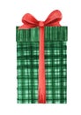 A green checkered box with a lid and a red lush bow tied with a ribbon. Holiday gift box Christmas present. Hand drawn Royalty Free Stock Photo