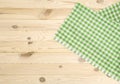 Green checkered tablecloth on wooden table
