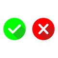 Green checkmark ok and red x flat vector icons.Circle symbols yes and no button for vote.Tick and cross signs with long shadow ill Royalty Free Stock Photo