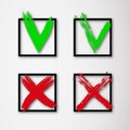 Green checkmark and red cross on white background. Set of tick and cross icons in square with shadow. Check mark icon set