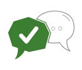Green checkmark speech bubble overlapping a white chat icon, signifying confirmed communication, successful feedback, project Royalty Free Stock Photo