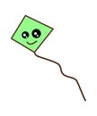 A green cheerful kite with big kawaii eyes on a long rope flying in the air. Cartoon flat vector illustration. Royalty Free Stock Photo