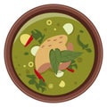 Green chicken curry icon. Thai dish top view