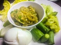 Green chili dip or Nam Prik Num in Thai is green chili paste that eat with boiled egg and boiled vegetables.