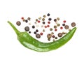 Green chili pepper and mixed peppercorn on white background Royalty Free Stock Photo