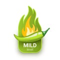 Green chili pepper pod and fire flame from behind. Mild hotness or spiciness level