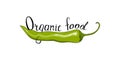 Green chili peppers and hand lettering. Logo Organic food. Hand drawing. Vector illustration.
