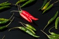 Green chili peppers and red