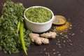 Green chili thecha or chutney with ingredients served in a bowl Royalty Free Stock Photo