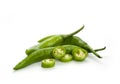 Green chillies on white background