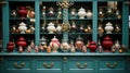 A green china cabinet filled with lots of vases. Generative AI image.