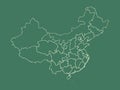 Green China map with border lines of states and regions on dark background