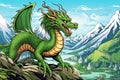 Green Chinese dragon symbol of the new year 2024 against the background of a river and snow-capped mountains Royalty Free Stock Photo