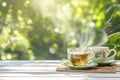 Green and Chinese tea cups set on serene white garden table Royalty Free Stock Photo