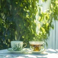 Green and Chinese tea cups set on serene white garden table Royalty Free Stock Photo