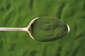 Green chlorella algae powder on a spoon Royalty Free Stock Photo