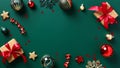 Green Christmas background with gift boxes, decorations, baubles. Xmas card greeting card design, New Year banner template. Flat Royalty Free Stock Photo